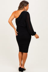 Black Ruched Mesh One Shoulder Long Sleeve Maternity Midi Dress