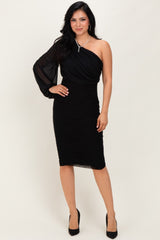Black Ruched Mesh One Shoulder Long Sleeve Midi Dress