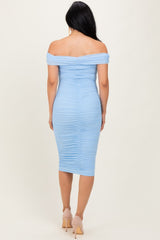 Light Blue Mesh Off Shoulder Twist Front Midi Dress