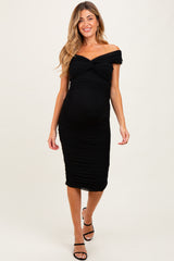 Black Mesh Off Shoulder Twist Front Maternity Midi Dress