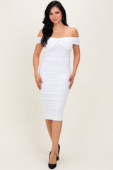 White Mesh Off Shoulder Twist Front Midi Dress