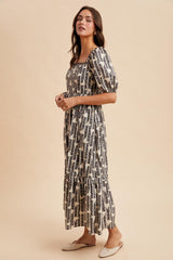 Navy Floral Stripe Ruffle Accent Midi Dress