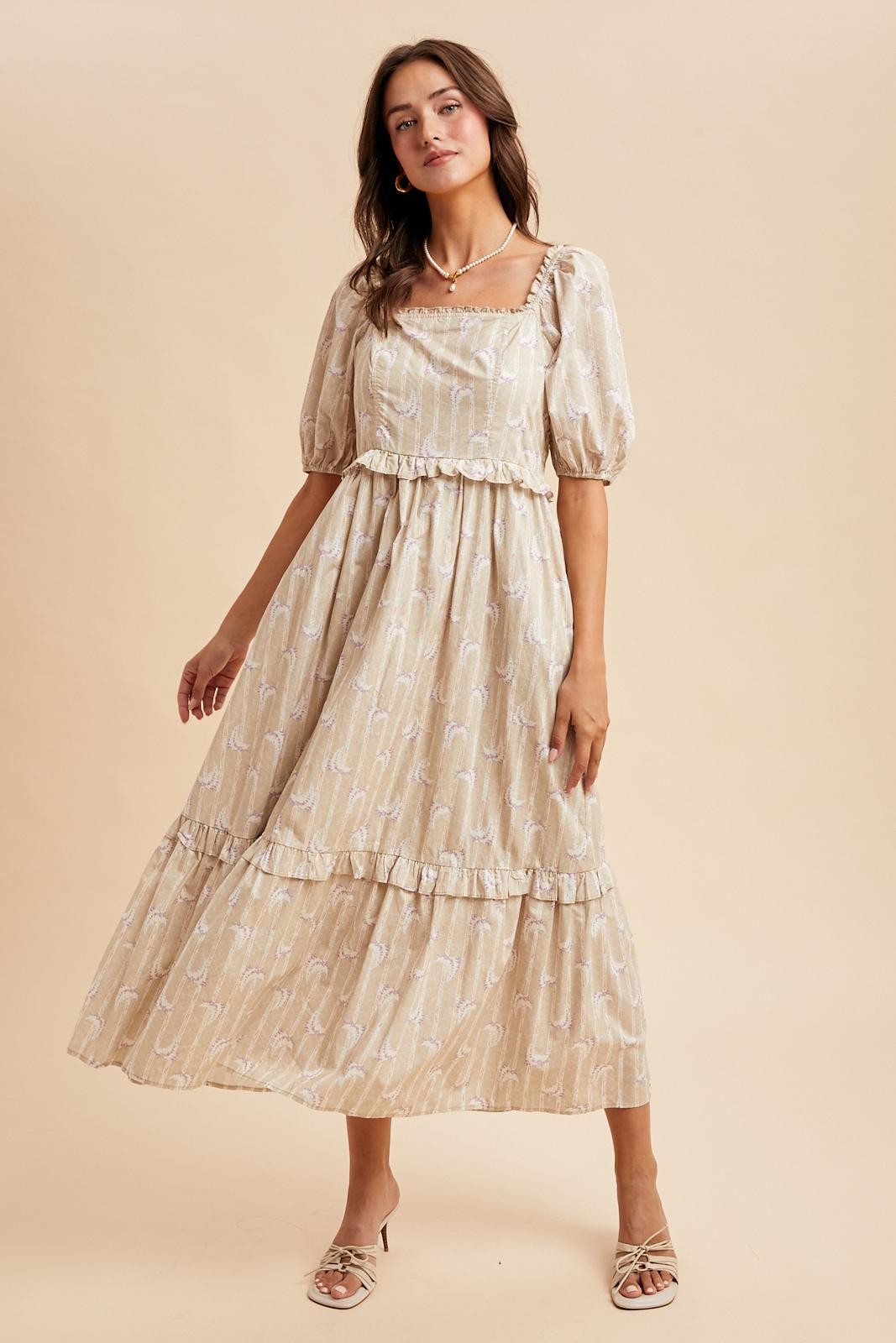 Taupe Floral Stripe Ruffle Accent Midi Dress