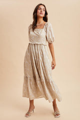 Taupe Floral Stripe Ruffle Accent Midi Dress