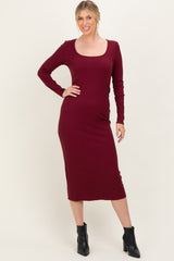 Burgundy Scoop Neck Long Sleeve Midi Dress