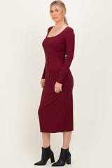 Burgundy Scoop Neck Long Sleeve Midi Dress