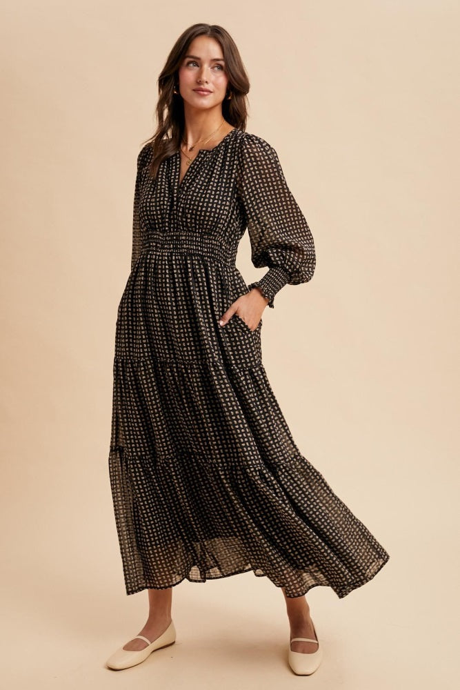 Black Printed Smocked Waist Tiered Maxi Dress