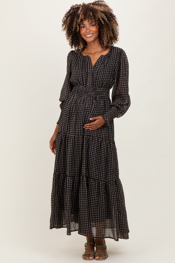 Black Printed Smocked Waist Tiered Maternity Maxi Dress