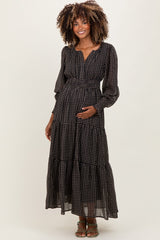 Black Printed Smocked Waist Tiered Maternity Maxi Dress