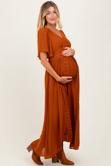 Rust Swiss Dot Crochet Lace Accent Maternity Maxi Dress