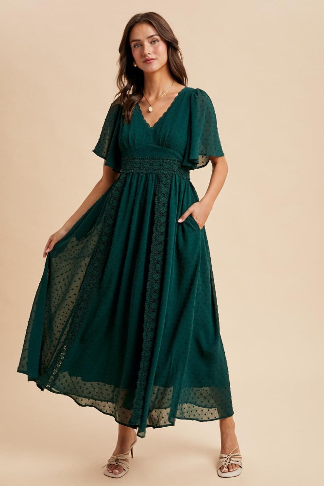 Forest Green Swiss Dot Crochet Lace Accent Maternity Maxi Dress