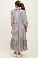 Black Striped Scallop Trim 3/4 Sleeve Maternity Midi Dress