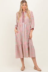 Rust Striped Scallop Trim 3/4 Sleeve Midi Dress