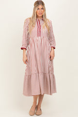 Rust Striped Scallop Trim 3/4 Sleeve Midi Dress
