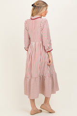 Rust Striped Scallop Trim 3/4 Sleeve Midi Dress