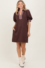 Brown Plaid Accent Puff Sleeve Maternity Mini Dress