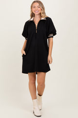 Black Half Zip Puff Sleeve Mini Dress