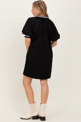 Black Half Zip Puff Sleeve Mini Dress