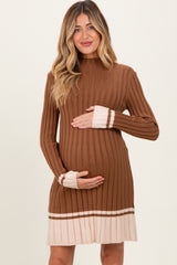 Mocha Ribbed Contrast Hem Maternity Sweater Dress