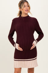 Burgundy Ribbed Contrast Hem Maternity Sweater Dress