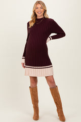Burgundy Ribbed Contrast Hem Maternity Sweater Dress