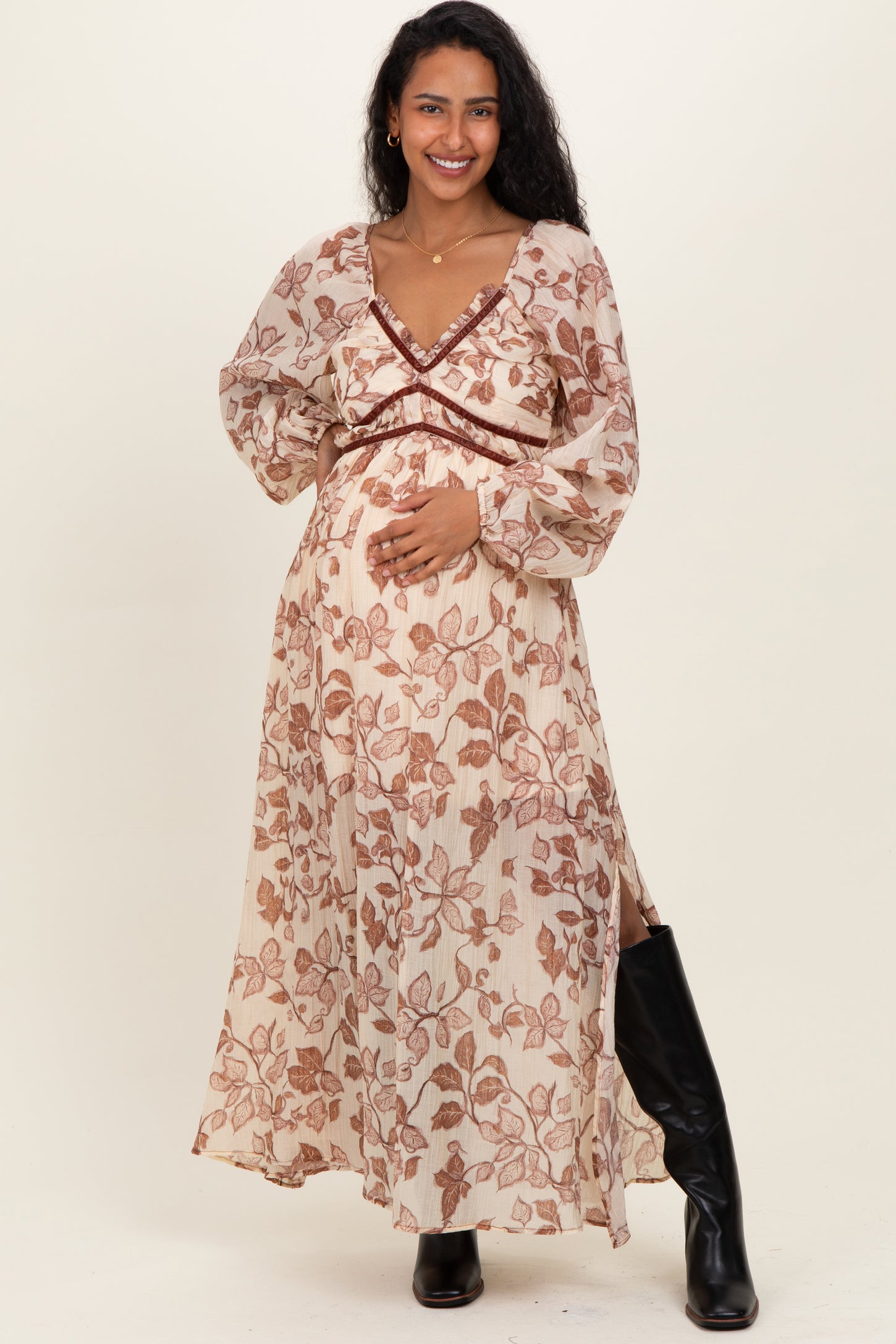 Cream Floral V-Neck Velvet Trim Maternity Maxi Dress