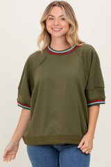 Olive Contrast Trim Short Sleeve Pullover