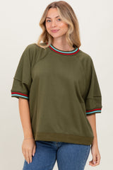Olive Contrast Trim Short Sleeve Pullover