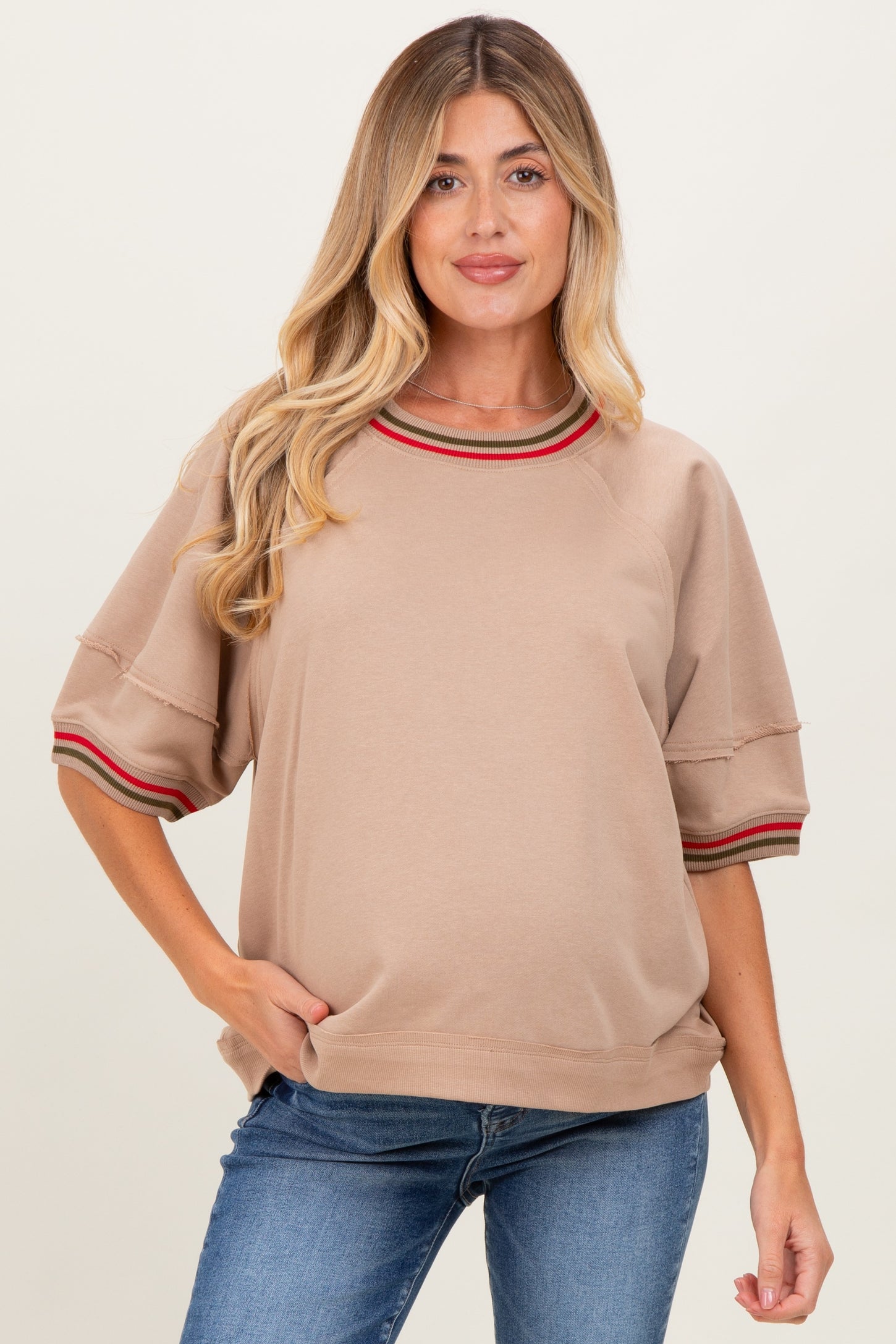 Beige Contrast Trim Short Sleeve Maternity Pullover