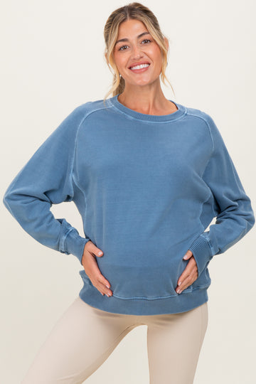 Denim Blue French Terry Vintage Wash Maternity Pullover