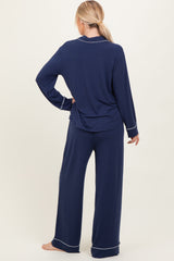 Dark Navy Button Down Top Wide Leg Pant Pajama Set
