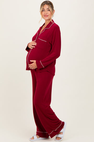 Burgundy Button Down Top Wide Leg Pant Maternity Pajama Set