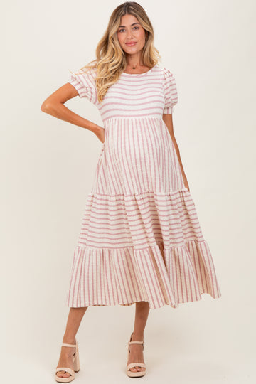 Cream/Mauve Striped Short Sleeve Tiered Maternity Maxi Dress