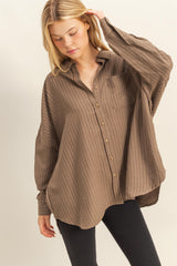 Brown Vertical Stripe Button-Down Oversized Shirt