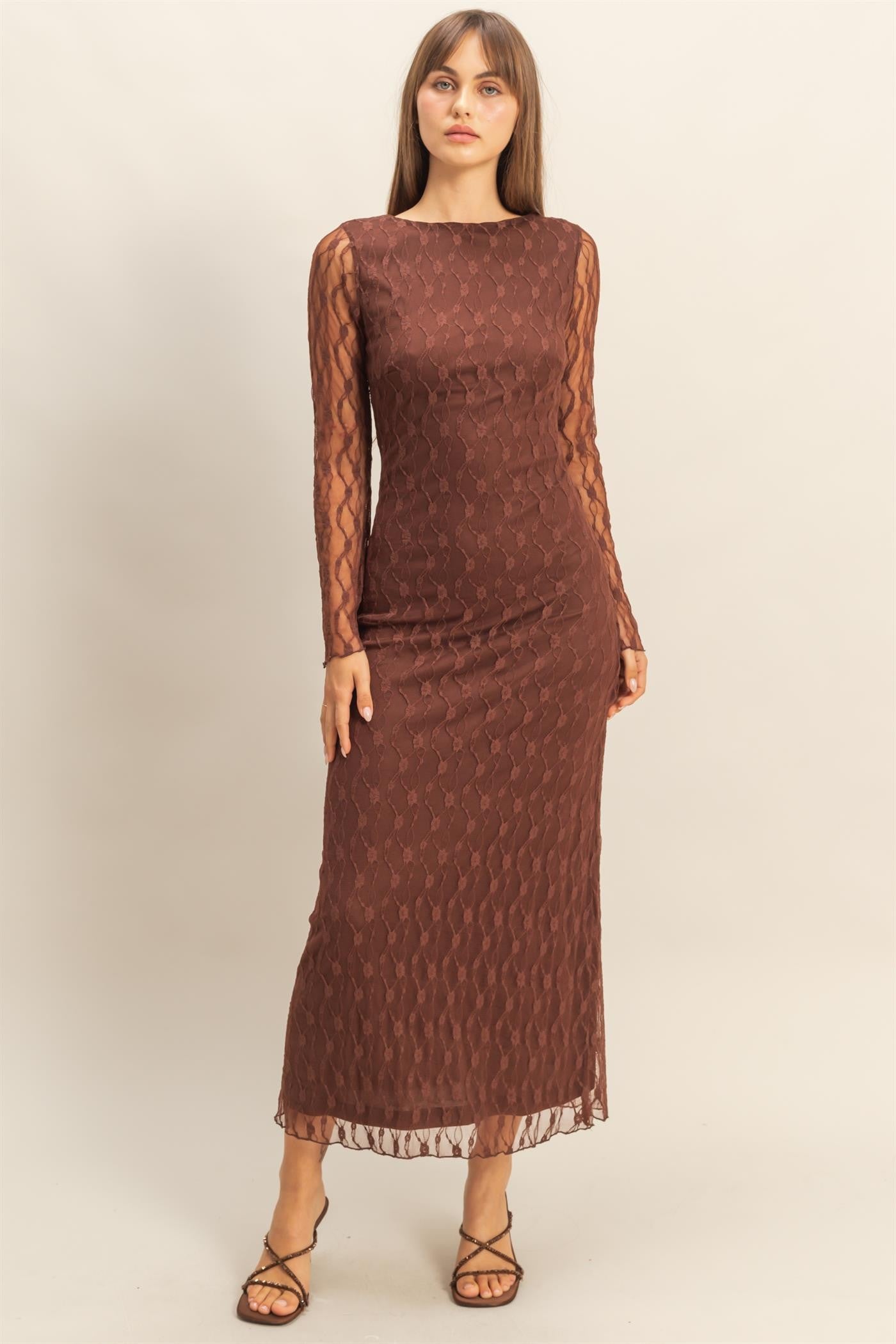 Brown Lace Overlay Fitted Maxi Dress