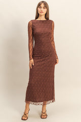 Brown Lace Overlay Fitted Maxi Dress
