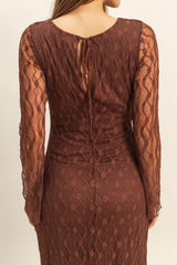 Brown Lace Overlay Fitted Maxi Dress