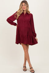 Burgundy Balloon Sleeve Tiered Maternity Shirt Dress