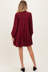Burgundy Balloon Sleeve Tiered Maternity Shirt Dress
