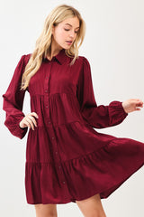 Burgundy Balloon Sleeve Tiered Shirt Dress