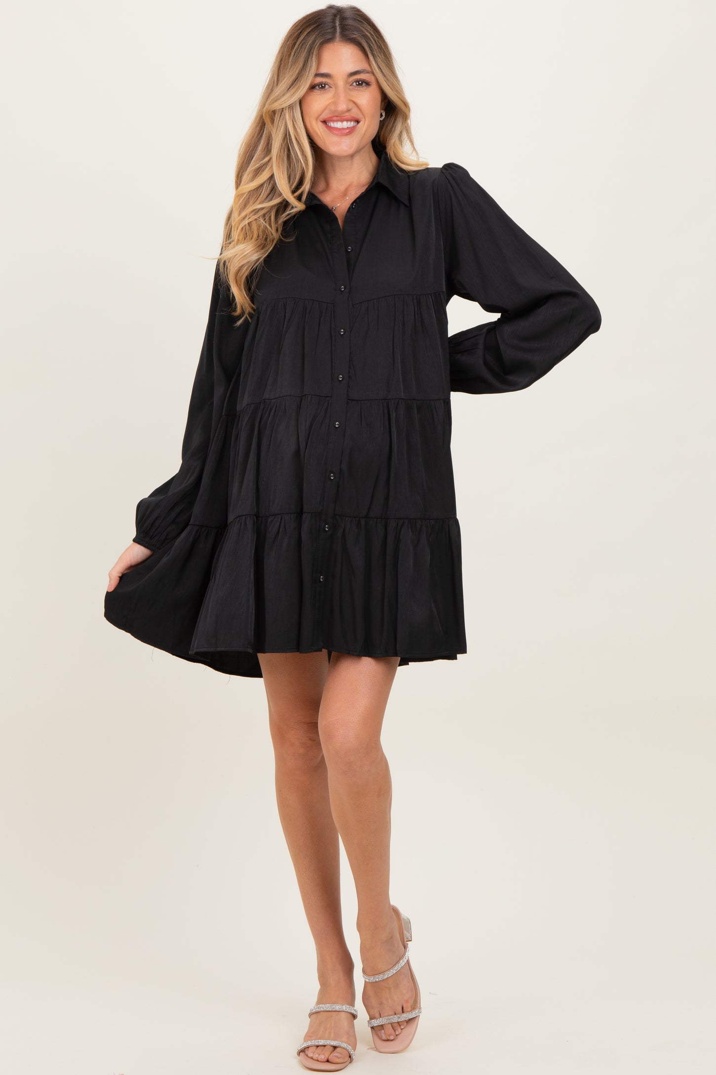 Black Balloon Sleeve Tiered Maternity Shirt Dress