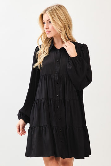 Black Balloon Sleeve Tiered Shirt Dress