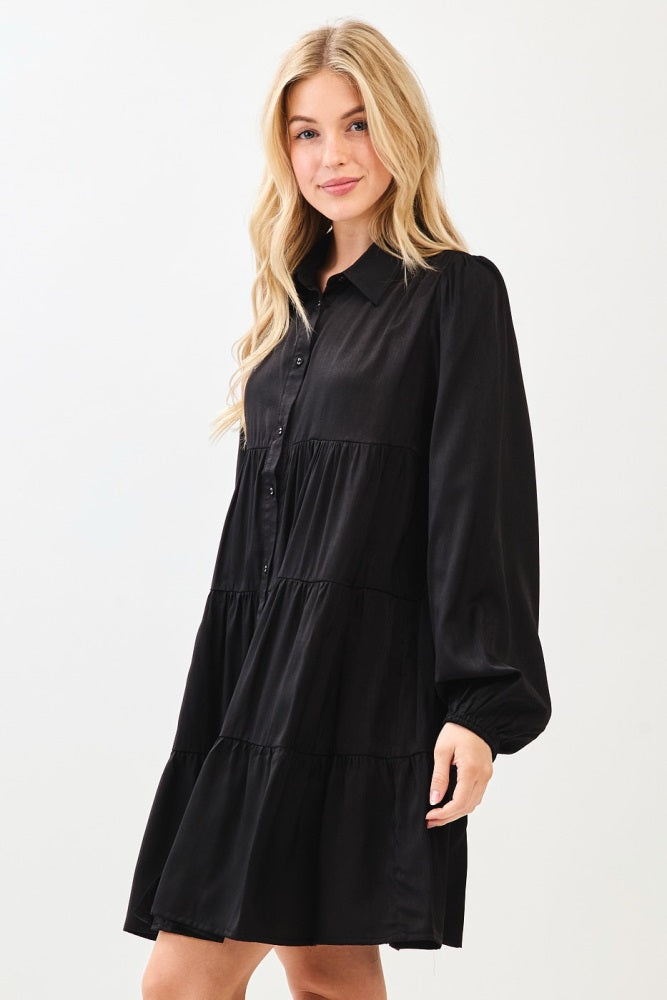 Black Balloon Sleeve Tiered Shirt Dress