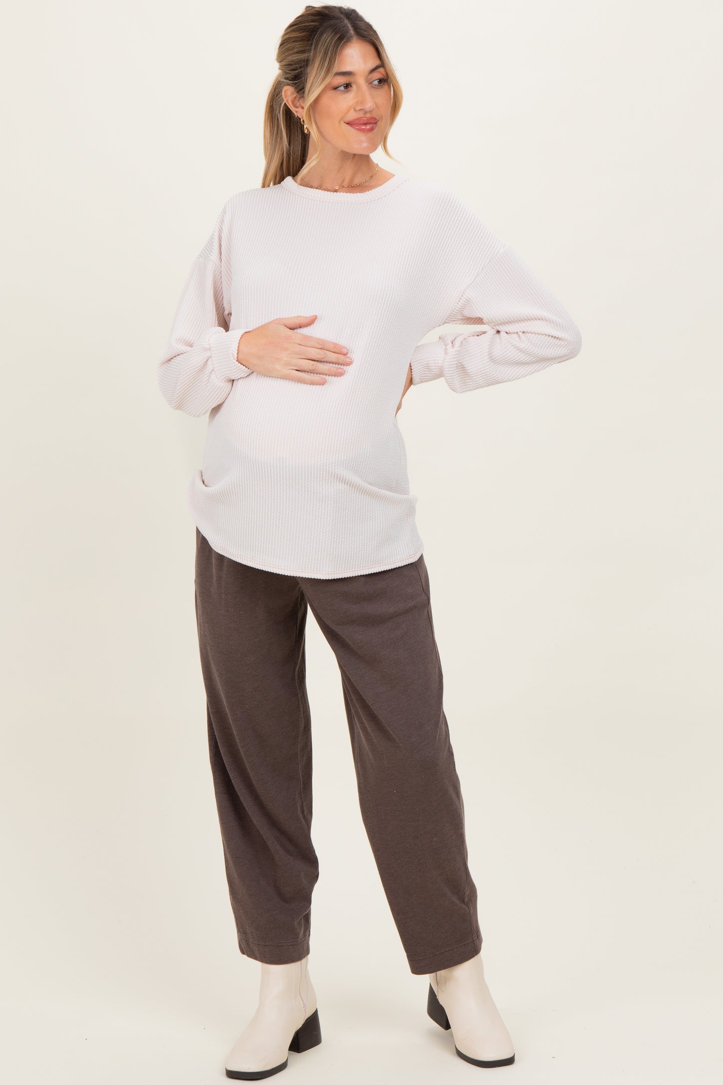 Cream Puff Sleeve Solid Ribbed Maternity Top