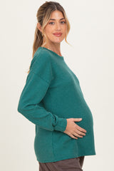 Hunter Green Puff Sleeve Solid Ribbed Maternity Top