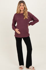 Burgundy Puff Sleeve Solid Ribbed Maternity Top