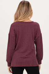 Burgundy Puff Sleeve Solid Ribbed Maternity Top