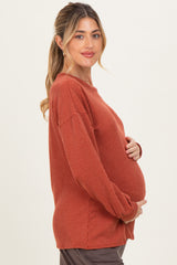 Rust Puff Sleeve Solid Ribbed Maternity Top