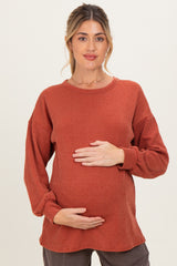 Rust Puff Sleeve Solid Ribbed Maternity Top