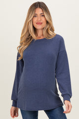 Navy Puff Sleeve Solid Ribbed Maternity Top
